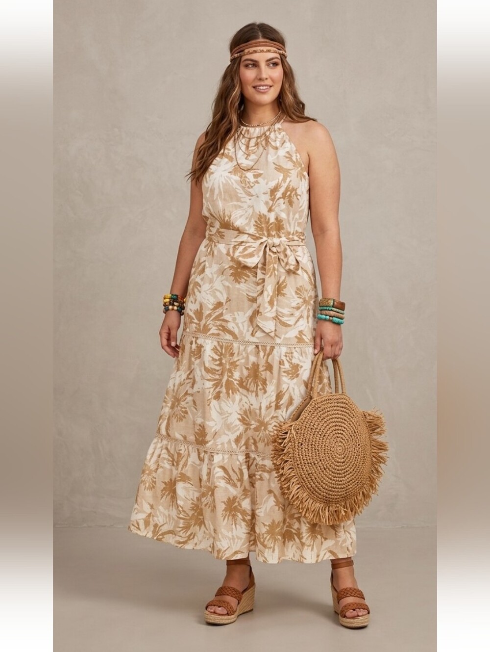 ARNA YORK Raine Halter Neck Linen Blend Cream & Tan Maxi Dress
